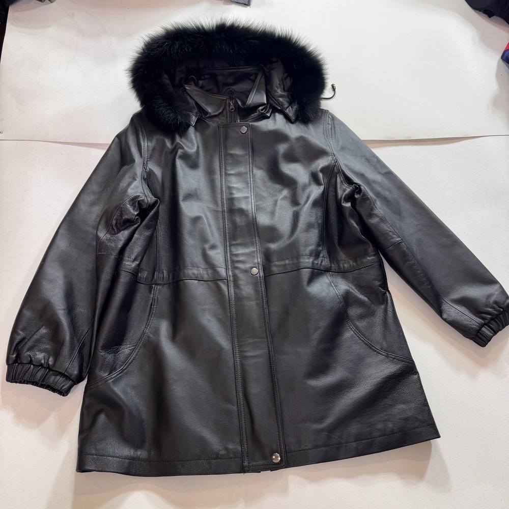 ALANNI Coat Womens Large Black Leather Hooded Fur Trim‎ Insulated Parka Pockets